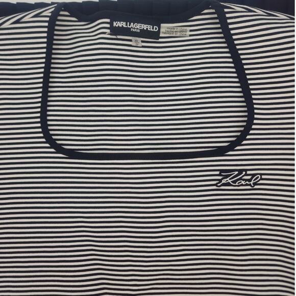Karl Lagerfeld Paris Striped Knit Pleated Hem Dress Black White XS NWT - Picture 10 of 15